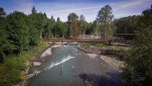 Drone aerial photography Railroad Bridge Park, Sequim Washington